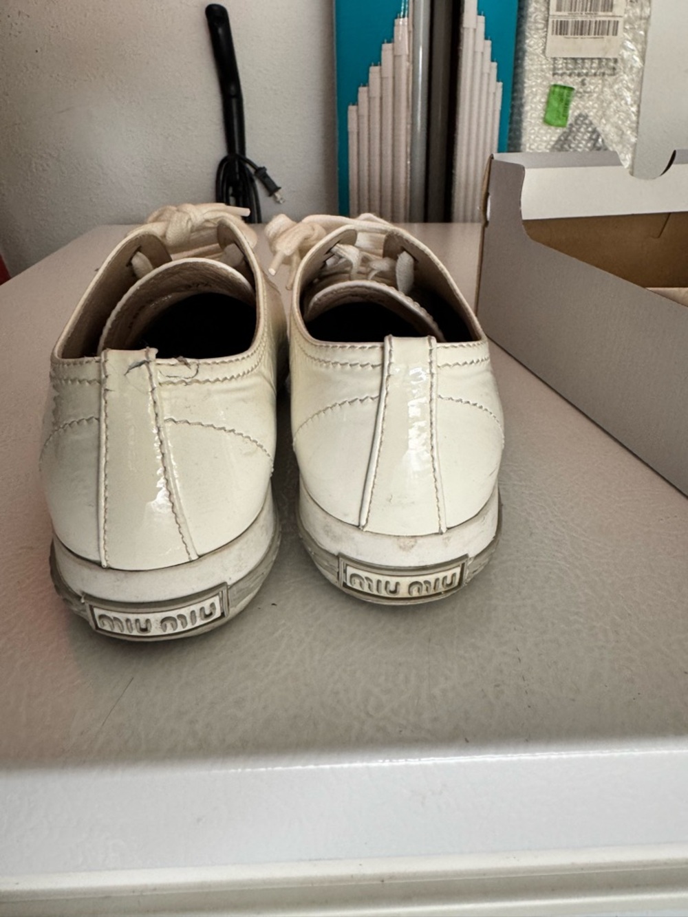 Miu Miu Cream Leather Sneakers with Silver Metallic Toe Caps - Picture 2 of 4